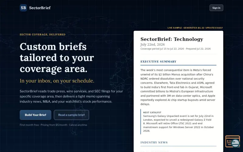 Screenshot of SectorBrief, a launch using Google Search Console