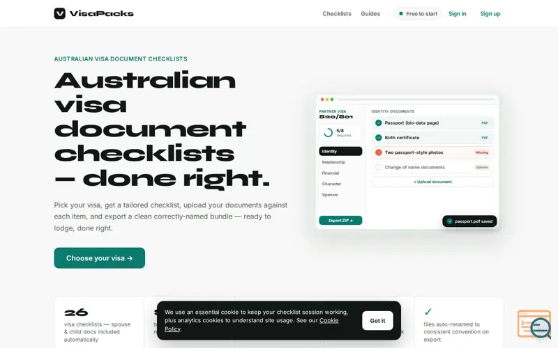 Screenshot of VisaPacks