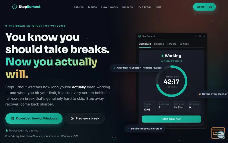Screenshot of StopBurnout — Breaks you can't talk yourself out of