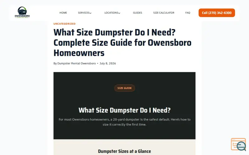 Screenshot of Dumpster Size Calculator, a launch using Kadence