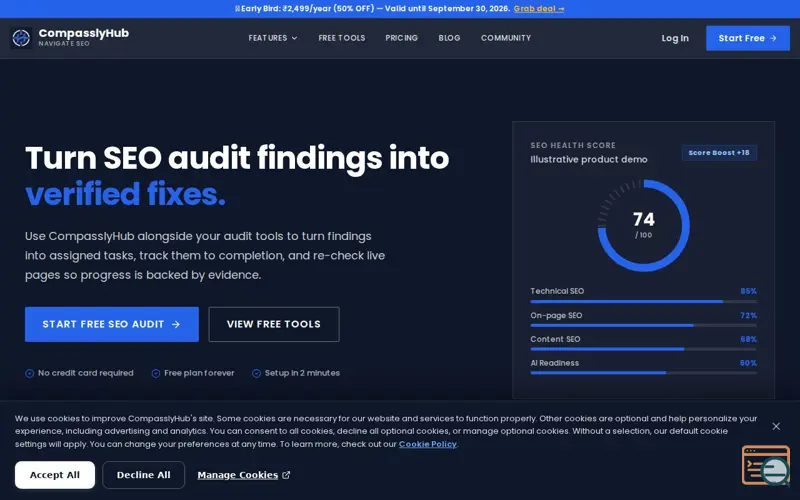 Screenshot of CompasslyHub: SEO Audits, Tasks and Verified Fixes