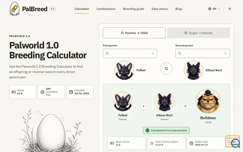 Screenshot of Palworld 1.0 Breeding Calculator & Combos | PalBreed