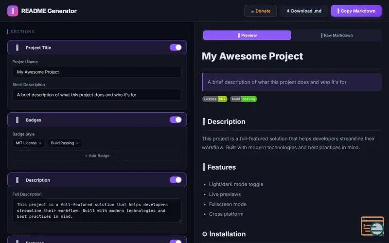 Screenshot of Free GitHub README Generator