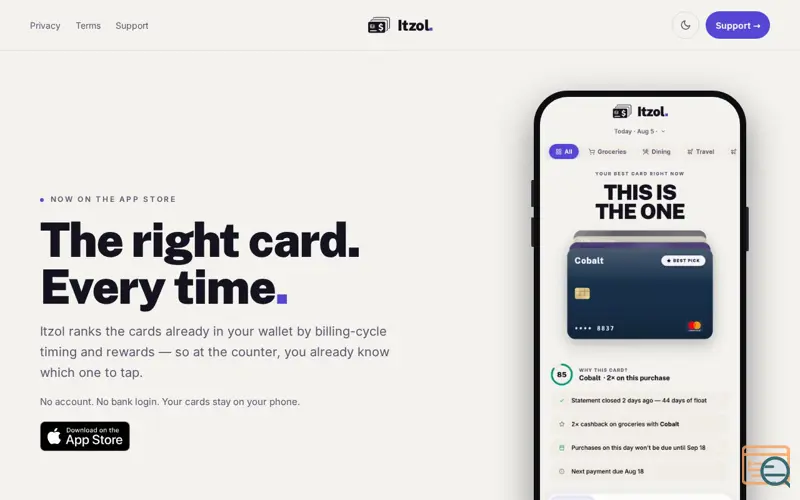 Screenshot of Itzol — The right card. Every time.