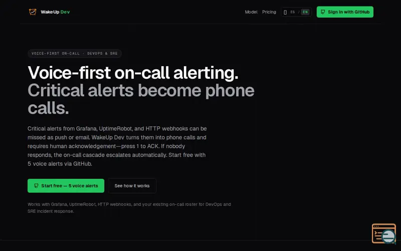 Screenshot of WakeUp Dev — Alertas críticas por voz