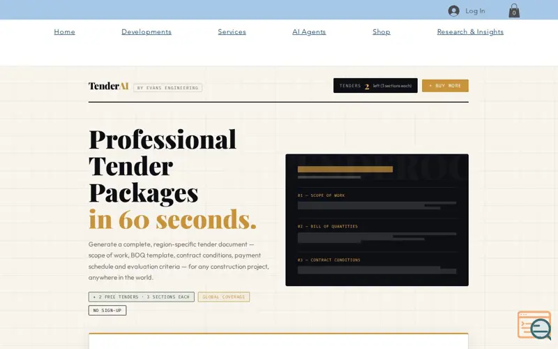Screenshot of Tender Generator | Evans Engineering 