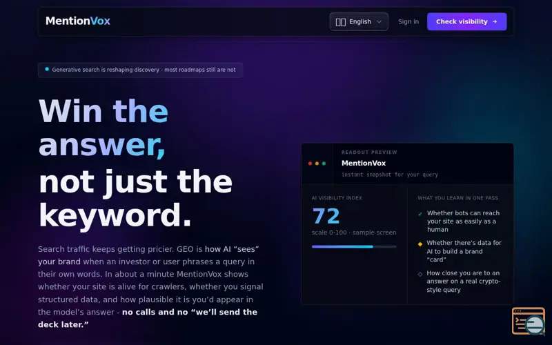 Screenshot of MentionVox - GEO checks for brands