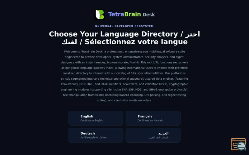 Screenshot of Choose Your Language — Free Browser Tools in Multiple Languages | TetraBrain Desk