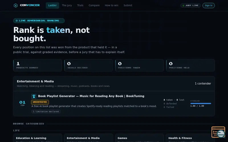 Screenshot of Product rankings won in public trial — Convincer