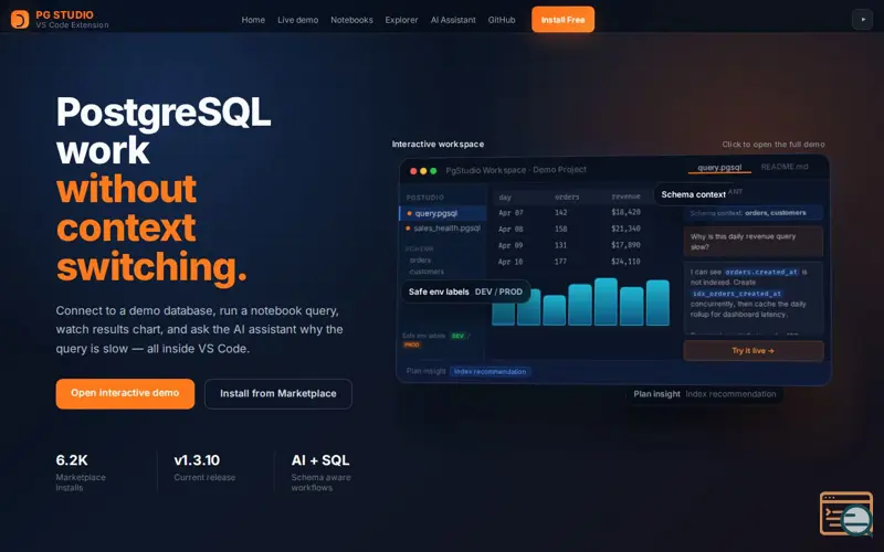 Screenshot of PgStudio, a launch using VS Code Marketplace