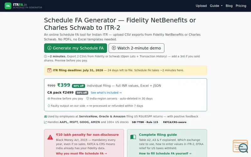Screenshot of ITRFA.in — Schedule FA Generator