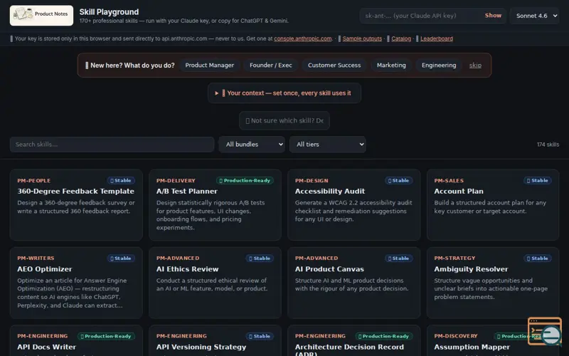 Screenshot of PM Skills — 174 eval-scored AI skills