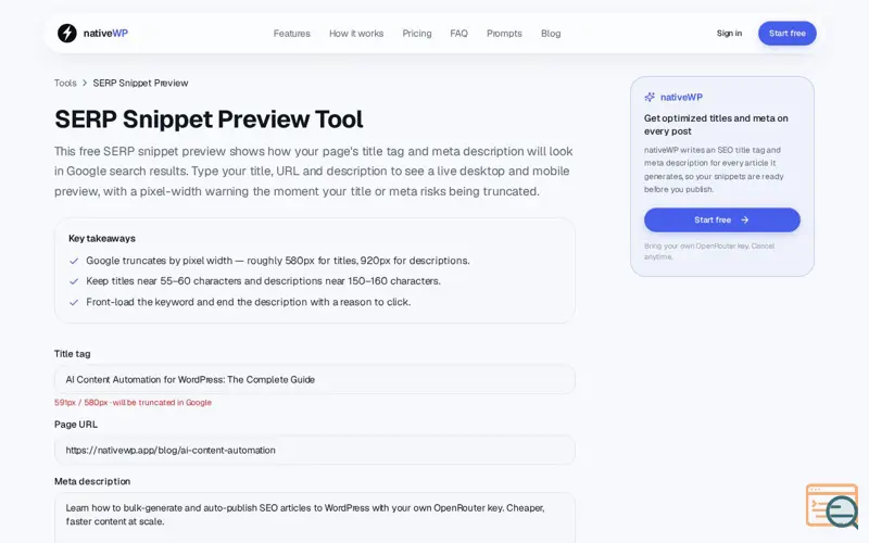 Screenshot of SERP Snippet Preview