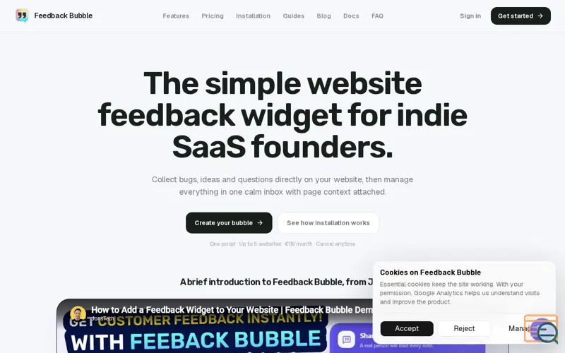Screenshot of Website Feedback Widget for Indie SaaS Founders | Feedback Bubble