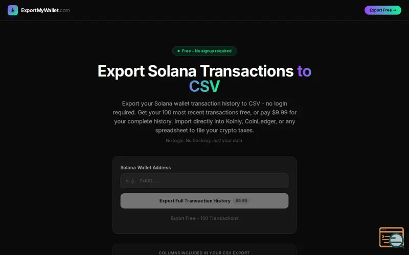 Screenshot of ExportMyWallet