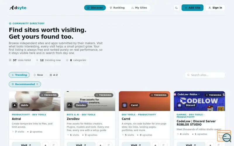 Screenshot of Adsyte: Discover and promote sites