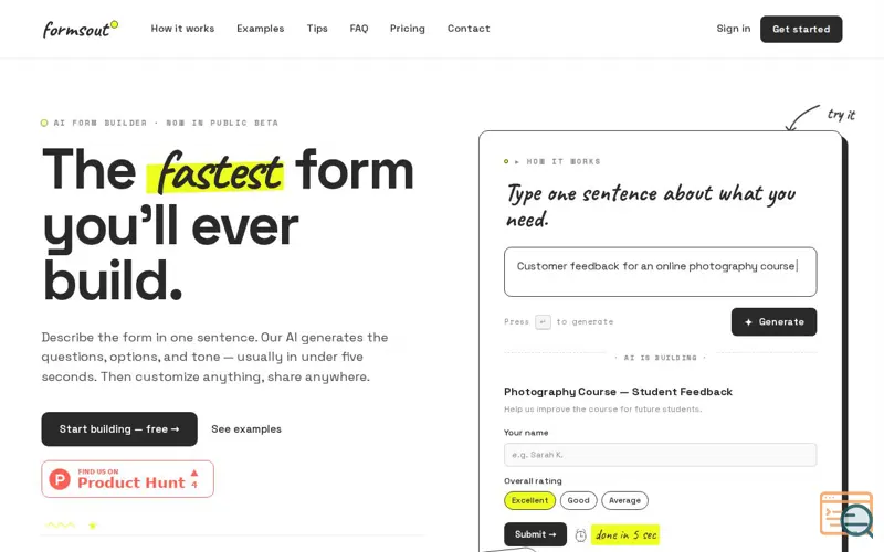 Screenshot of formsout — fastest ai form builder