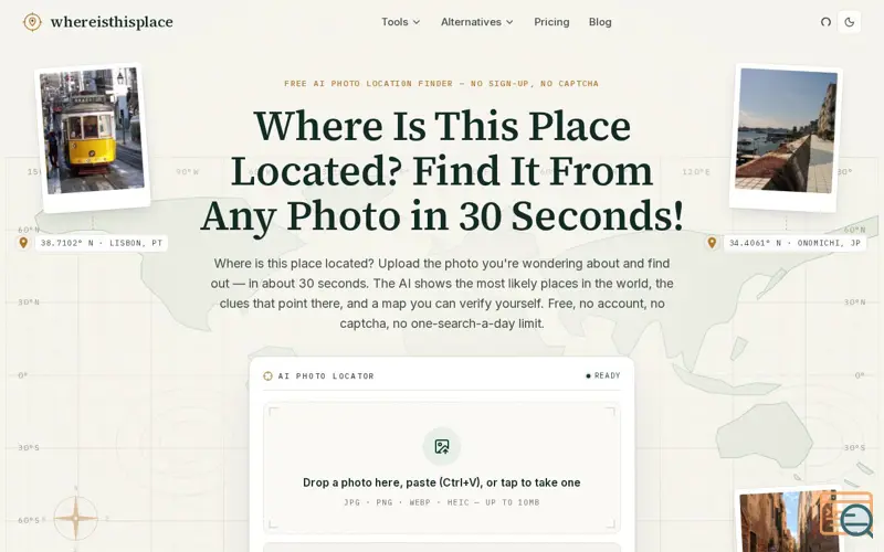 Screenshot of Where Is This Place Located? Free AI Photo Locati0n Finder, a launch using Firsto