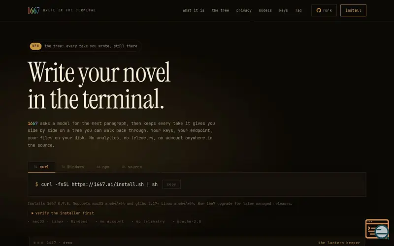 Screenshot of 1667 · write your novel in the terminal