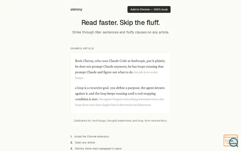 Screenshot of skimmy — read faster, skip the fluff