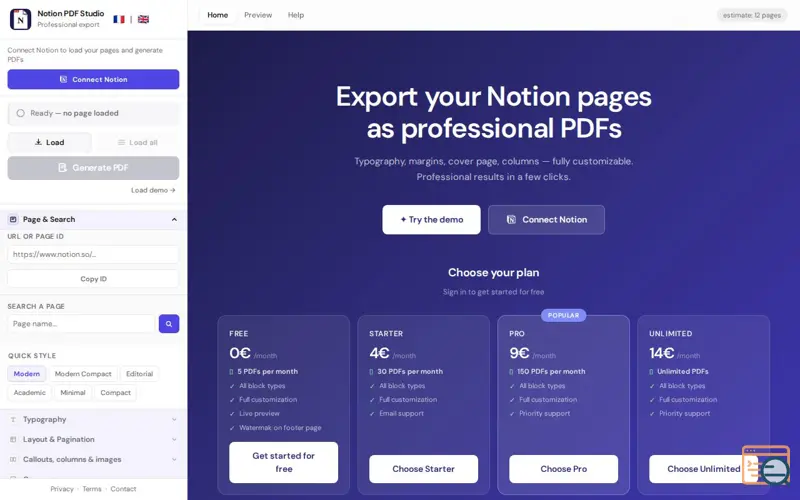 Screenshot of Notion PDF Studio