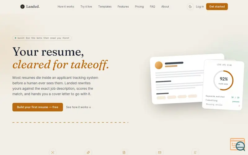 Screenshot of Landed — Resumes that clear the ATS, not just look good
