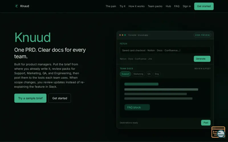 Screenshot of Knuud: One PRD. Clear docs for every team.