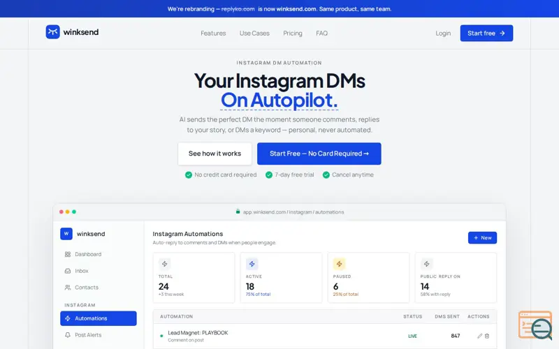Screenshot of Instagram DM Automation — Turn Comments into Customers - winksend