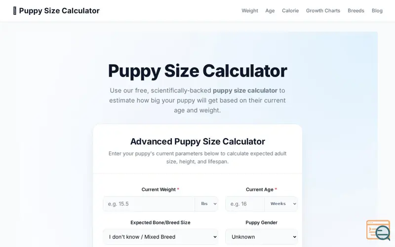 Screenshot of Puppy Size Calculator