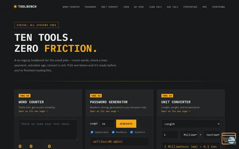Screenshot of Toolbench — free tools that just work