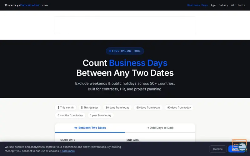 Screenshot of WorkdaysCalculator.com