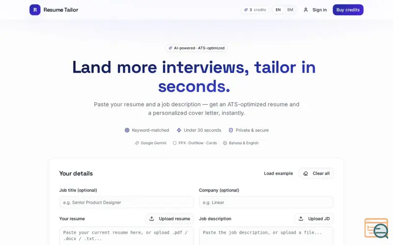 Screenshot of Resume Tailor — Let AI tailor resume.