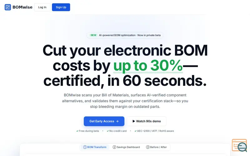 Screenshot of BOMwise, a launch using Bubble.io