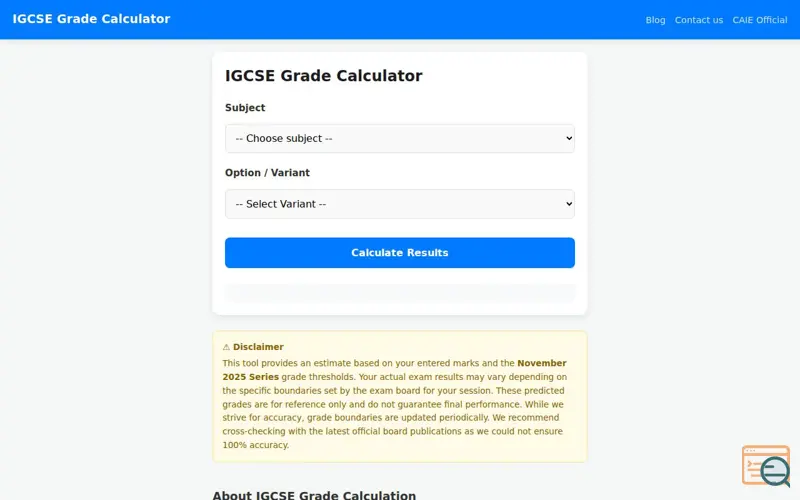 Screenshot of IGCSE Grade Calculator 2026