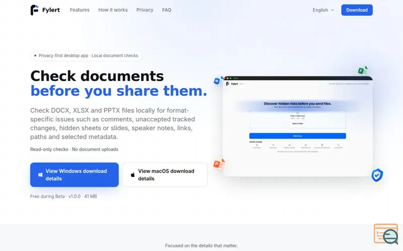 Screenshot of Fylert — Local Document Checker for DOCX, XLSX & PPTX