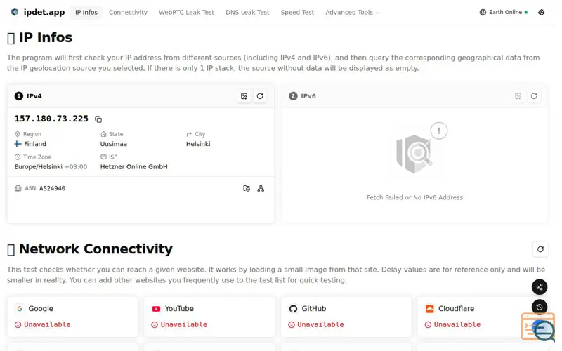 Screenshot of ipdet.app — Test VPN, What Is My DNS, WebRTC Test, and IP Lookup