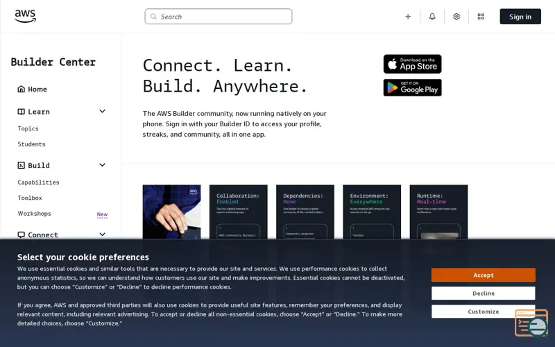 Screenshot of AWS Builder app, a launch using Cloudscape Design System
