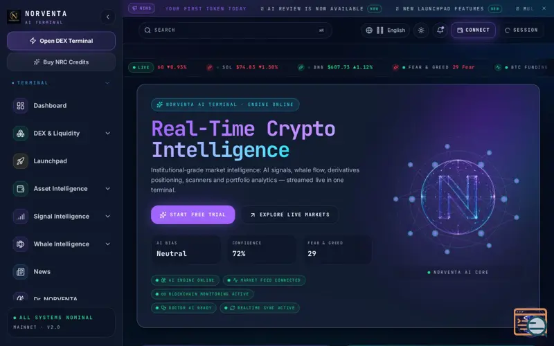 Screenshot of NORVENTA — Real-Time Crypto Intelligence Terminal