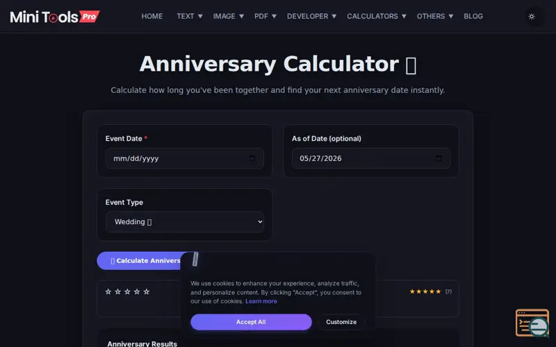 Screenshot of Anniversary Calculator