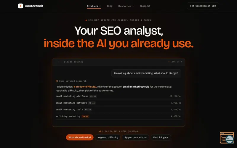 Screenshot of ContextBolt SEO, a launch using ListBulb
