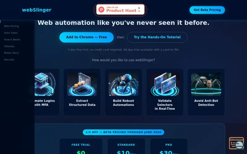 Screenshot of webslinger.ai, a launch using AWS CloudWatch RUM