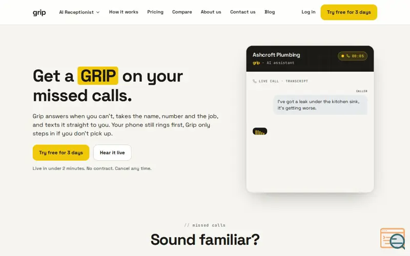 Screenshot of AI Receptionist for the Trades - Never Miss a Job | Grip