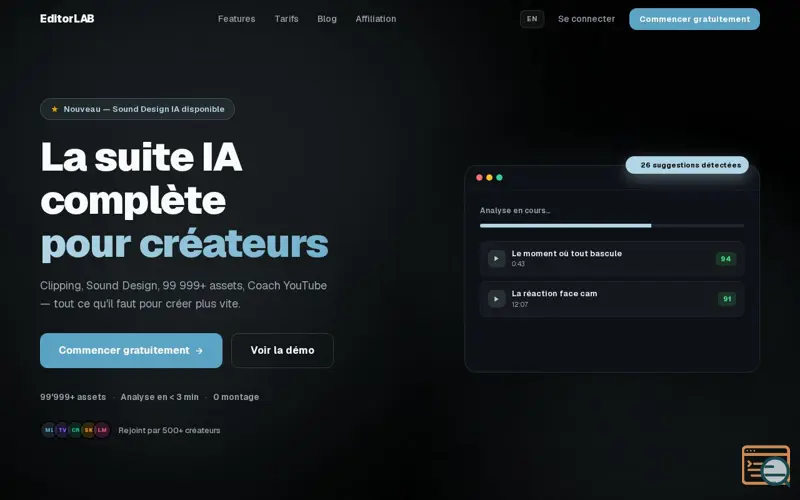 Screenshot of EditorLAB — Analyse IA pour créateurs