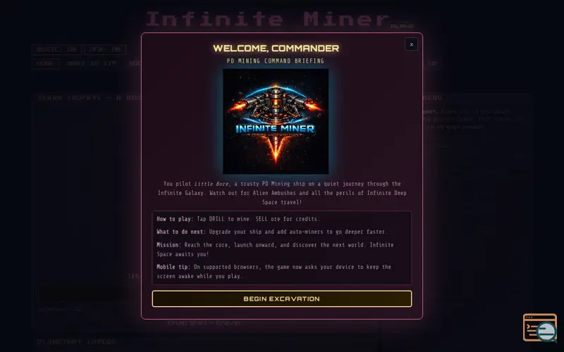 Screenshot of Infinite Miner, a launch using Surge