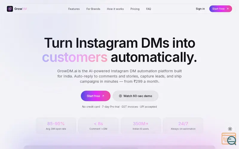 Screenshot of GrowDM.ai — AI-powered Instagram DM automation for India | GrowDM.ai