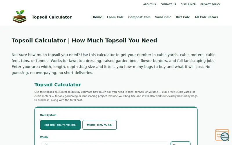 Screenshot of Topsoil calculator, a launch using SymbolHost