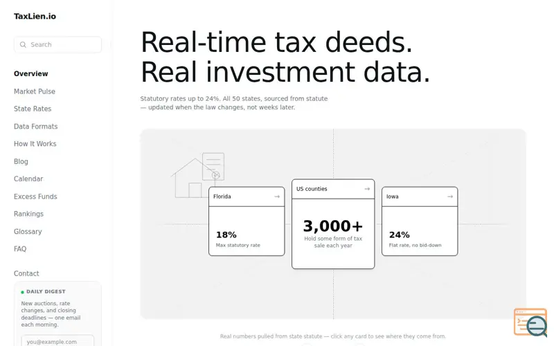 Screenshot of TaxLien.io | US Tax Lien & Tax Deed Auction Tracker