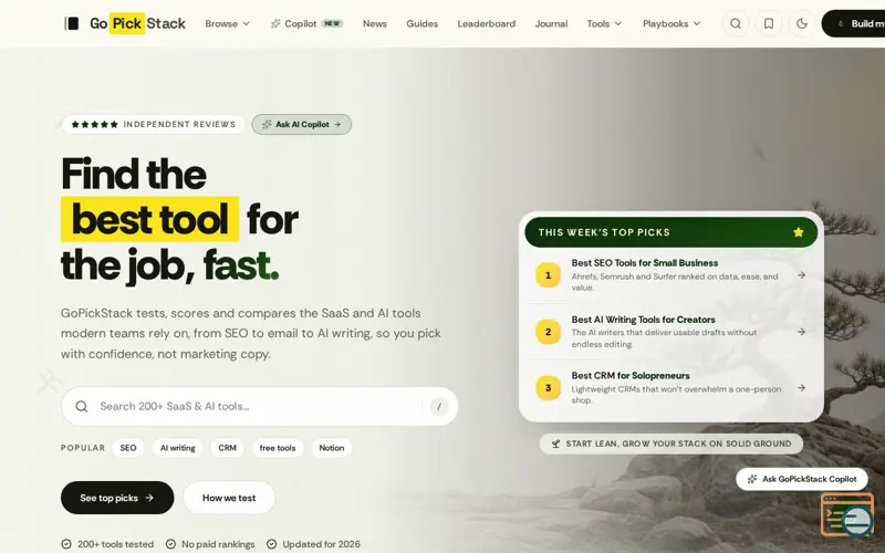 Screenshot of GoPickStack | Honest SaaS & AI Tool Reviews and Top Picks