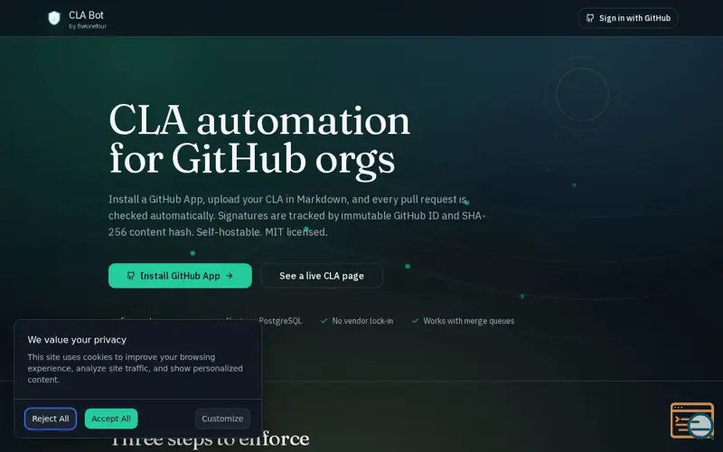 Screenshot of Contributor License Agreement Bot for GitHub, a launch using c15t Consent
