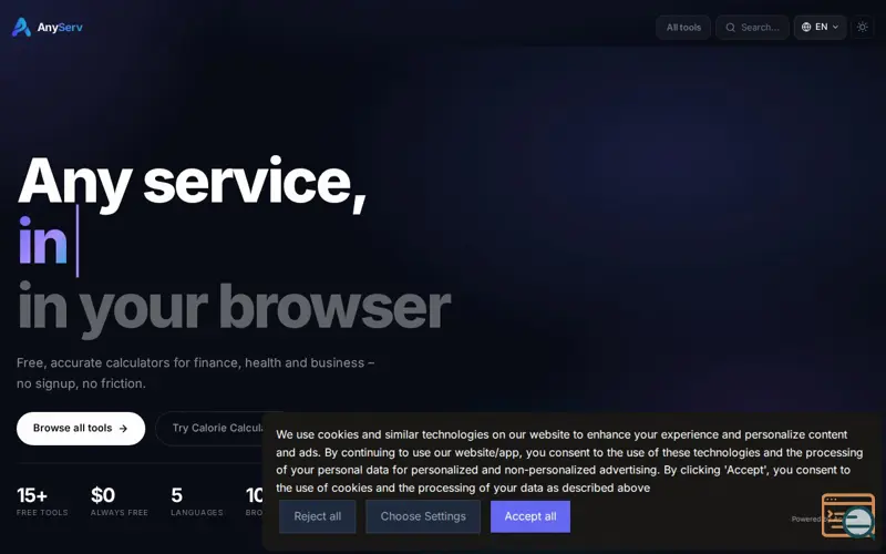 Screenshot of AnyServ, a launch using Acceptrics